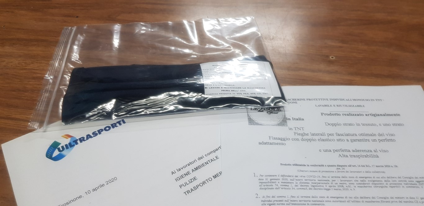 Uiltrasporti di Frosinone: donate mascherine protettive ai lavoratori